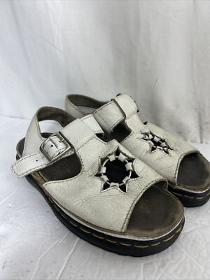 Vintage Docs Dr Martens White T Strap Buckle Star Ring Cut-Out Sandals Size US 6