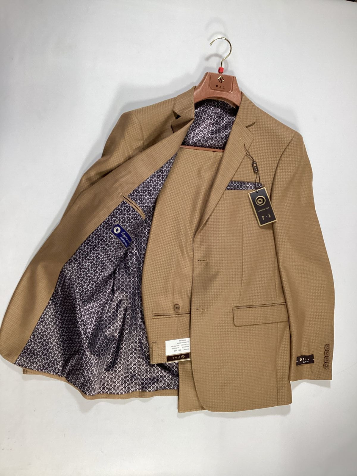 Mens P And L Gold Tan Houndstooth Two Piece Suit NEW
