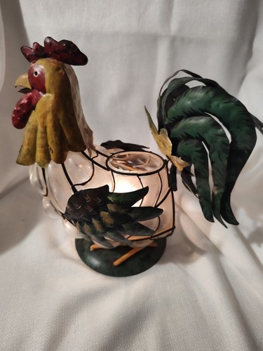 Rustic Folk Art Metal Rooster Chicken Farmhouse Figurine tealight Candle Holder