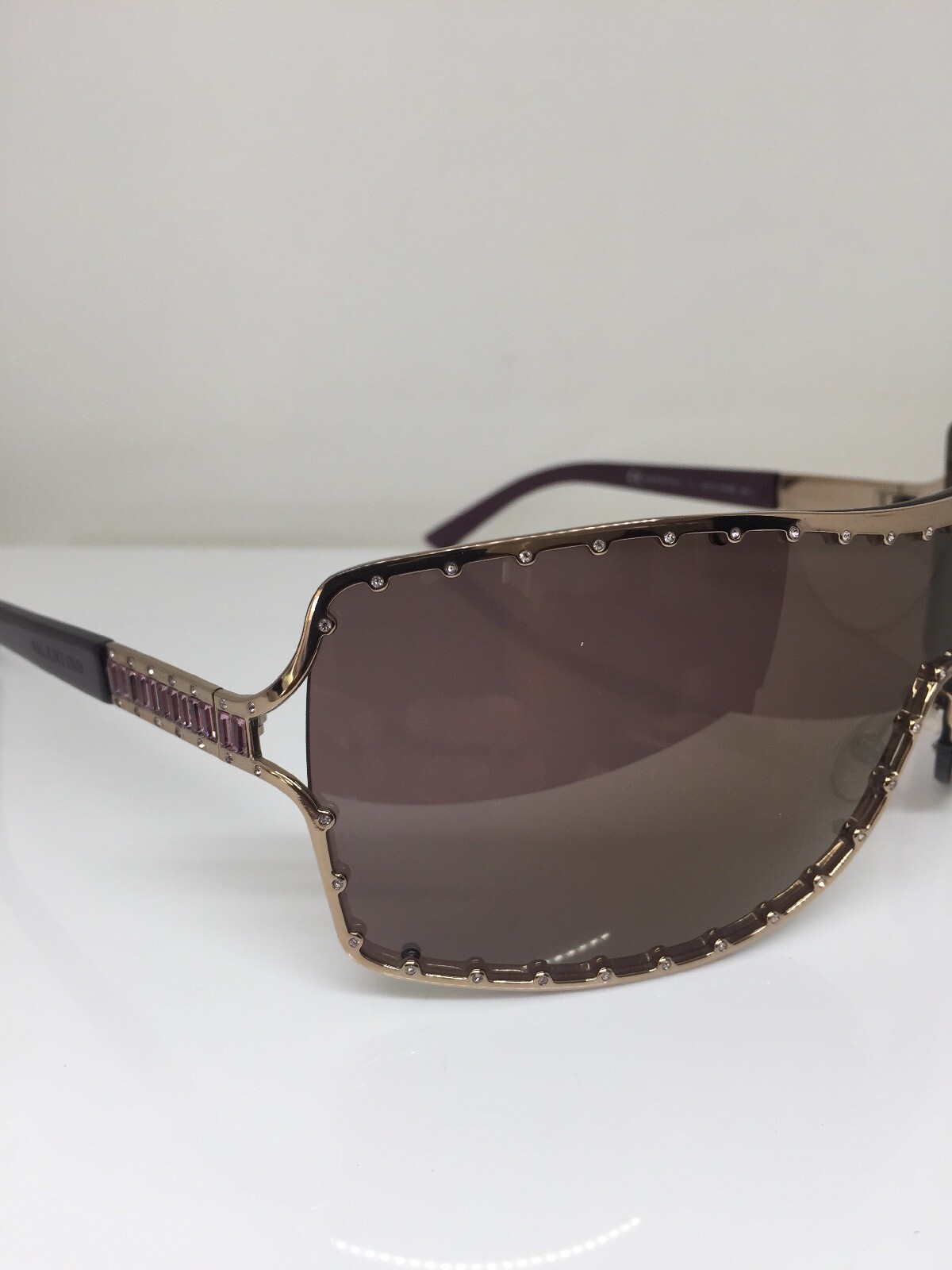 Pre-owned Valentino Shield Sunglasses  5435 Sunglasses W/ Swarovski Crystals In Shiny Silver & Red Logo & White Temples