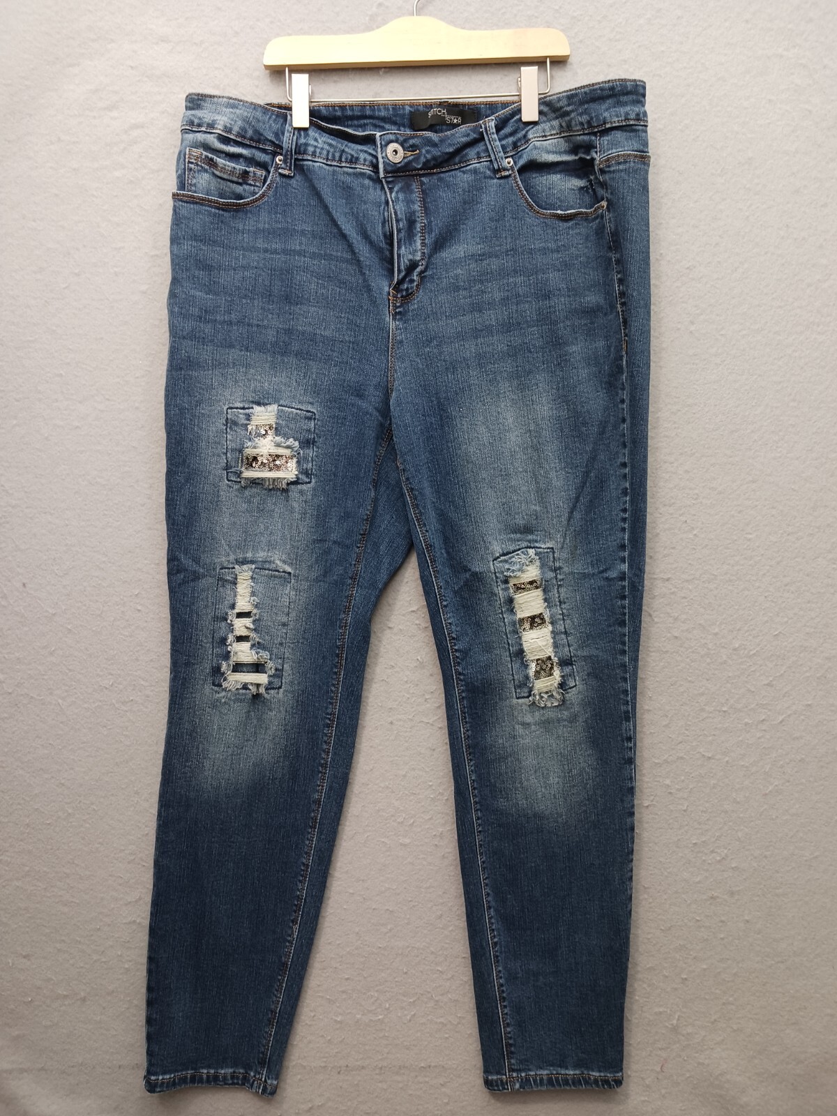 Stitch Star Women's Jeans 18W Med Blue Straight Distressed Lace Mesh Plus