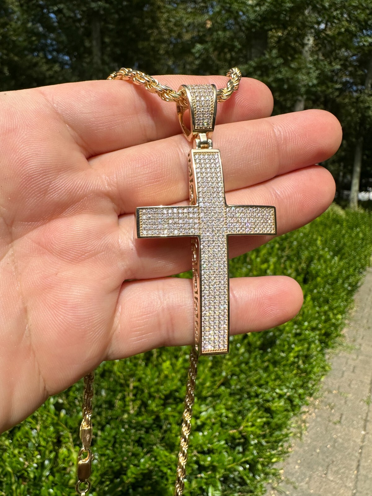 Pre-owned Hip Hop Solid 10k Yellow Gold 3ct Vvs Moissanite Cross Pendant Necklace 19g Mens Large In White