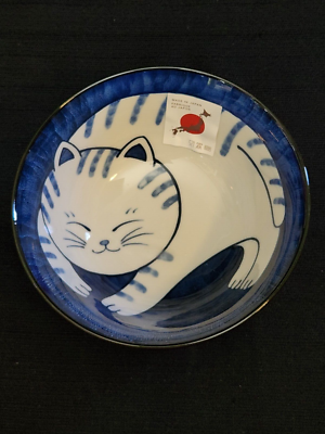 Kitty Cat Sinyo Japanese Blue White Soup Rice Porcelain Bowl Made in Japan