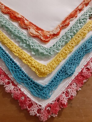 Vgt White Linen Multi Color Crochet Lot Of 5 Hankies Handkerchiefs