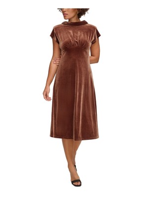 CALVIN KLEIN Womens Brown High Neck Cowl Back Pull On Cap Sleeve Midi Dress 8