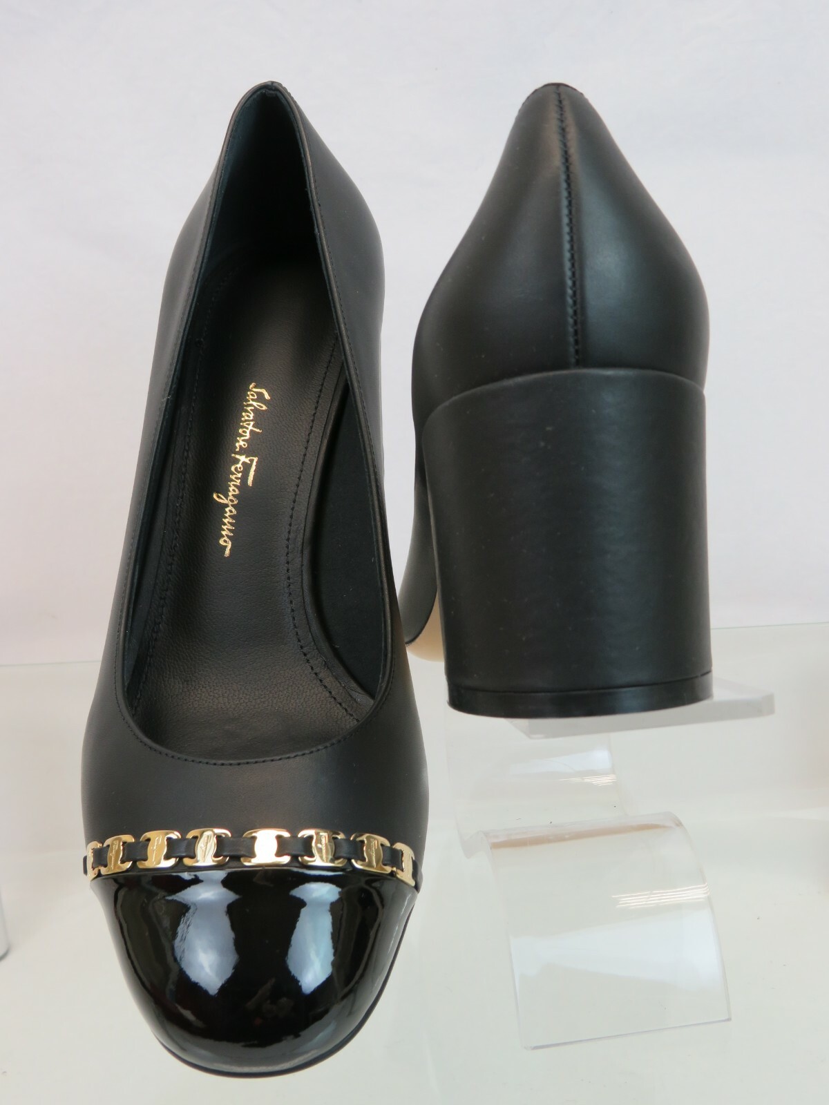 Pre-owned Ferragamo Avella Black Leather Gold Gancini Chain Patent Cap Toe Pumps 11 B