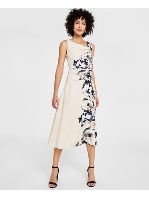 DKNY Womens Beige Lined Bodice Sleeveless Midi Party Fit + Flare Dress 2