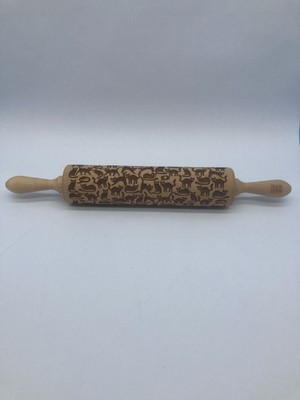 Cat Pattern Engraved Wooden 10  Rolling Pin With Handles Marked Mood Wood