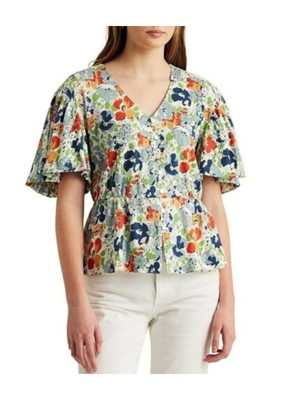 

LAUREN RALPH LAUREN Женский белый топ с развевающимися рукавами и V-образным вырезом с баской и цветочным принтом