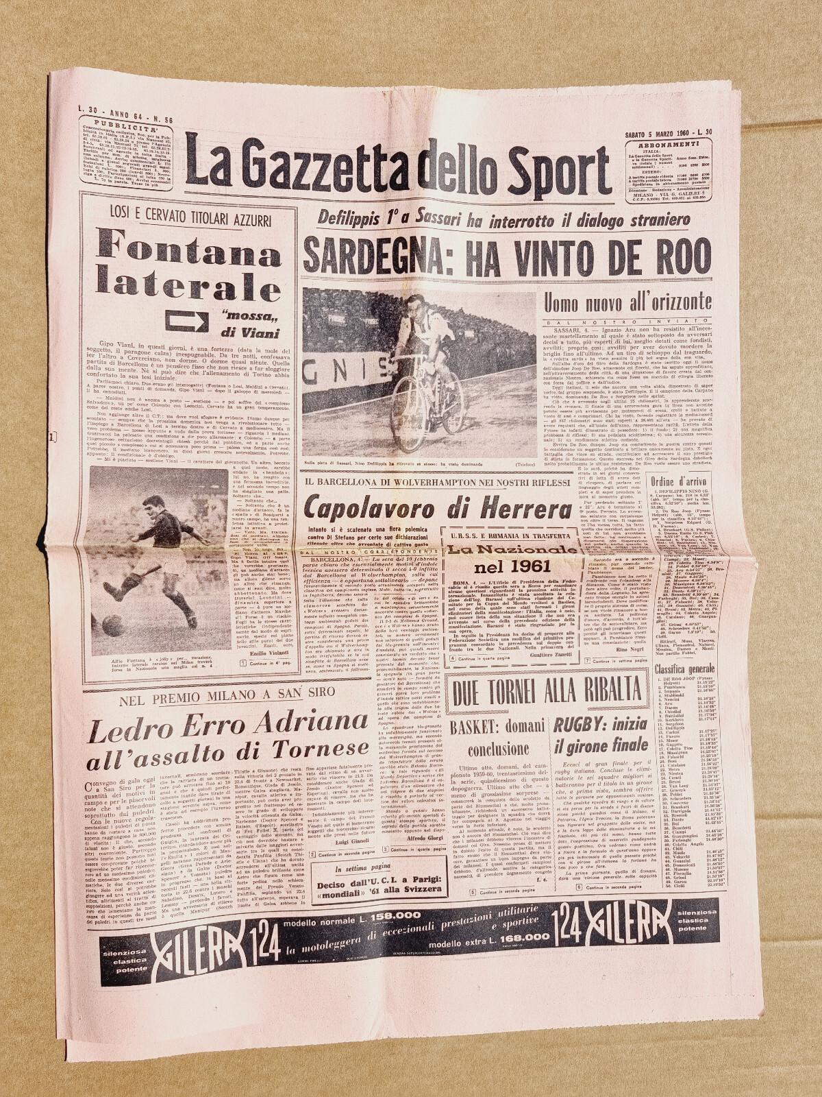 Gazzetta Dello Sport 5 Marzo 1960 Defilippis Sassari-joop De Roo Gir