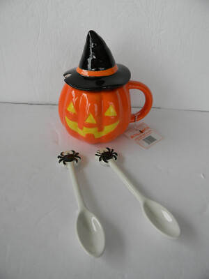 NWT Mr. Halloween JACK-O-LANTERN Ceramic Mug w/ Lid & Spoons