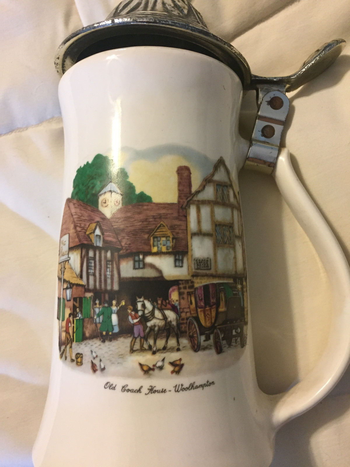 VINTAGE SILVER METAL LIDDED OLD COACH HOUSE WOOLHAMPTON STEIN MUG CUP & LID