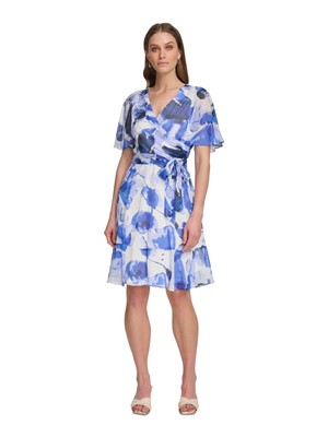 DKNY Womens White Tie-belt Lined Flutter Sleeve Knee Length Fit + Flare Dress 2