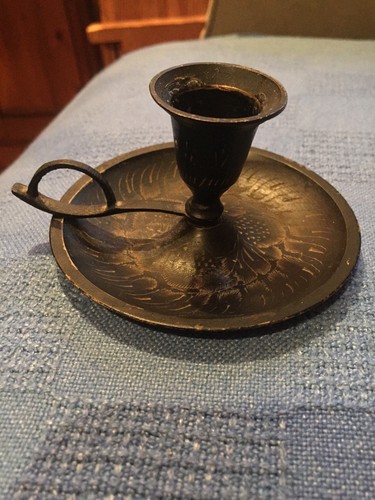 Tin/Toleware Candle Stick Holder With Finger Loop. Hand Painted.