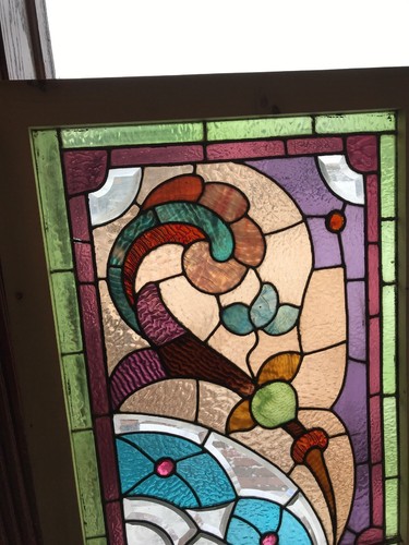 Sg 2653 antique stain jeweled beveled transom window 26.25 x 64.75