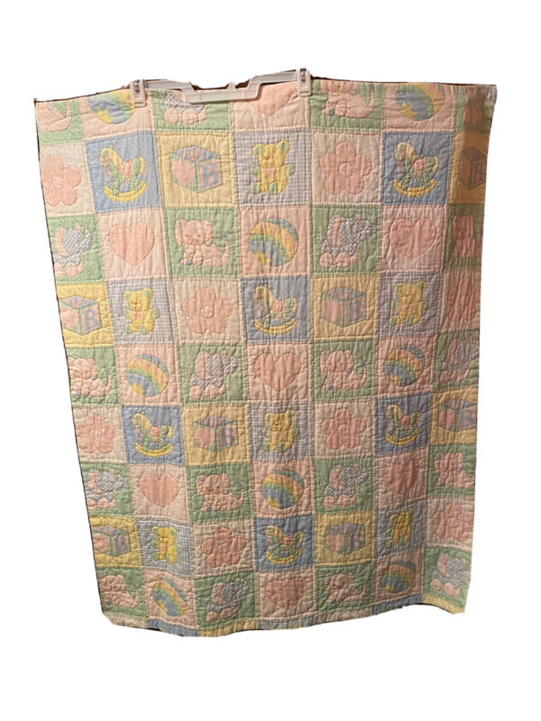 Vintage Baby Quilt Blanket Pastel Puppy Bear Blocks  49” X 40” B37