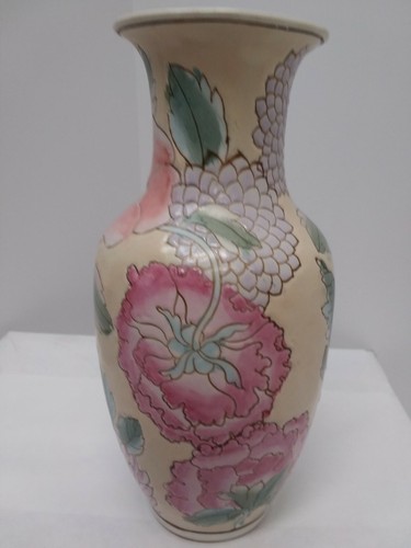 Chinese Pottery Vase Floral Pink Purple Iris' Green 8