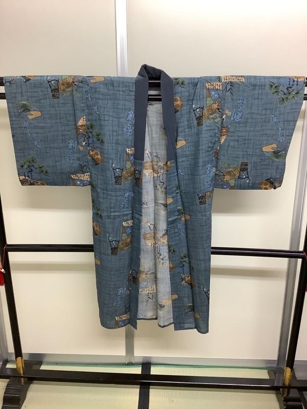 Kimono Japonais Vintage Coton Bleu FoncÃ© Tradition Juban Hauteur 46,45 Pouces