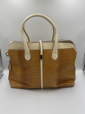 IACUCCI Crocodile Embossed Leather Tote Crossbody Bag Brown Cream Made in Italy
