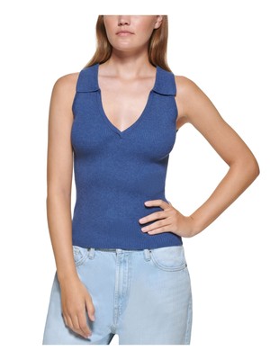 

DKNY JEANS Женский темно-синий приталенный пуловер в рубчик без рукавов с воротником без рукавов, Navy
