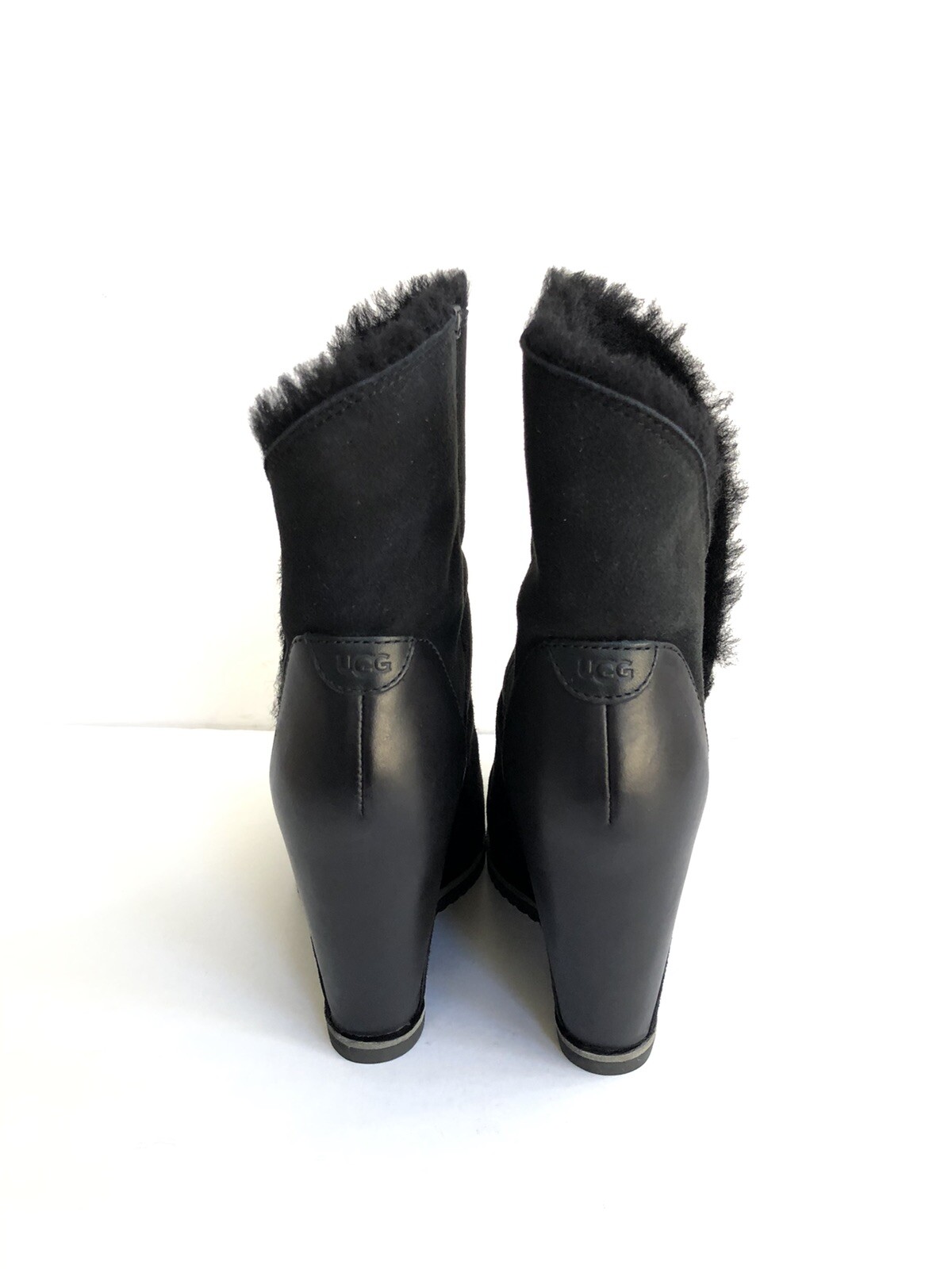Pre-owned Ugg Classic Mondri Cuff Black Leather Wedge Boots Us 9.5 / Eu 40.5 / Uk 7.5
