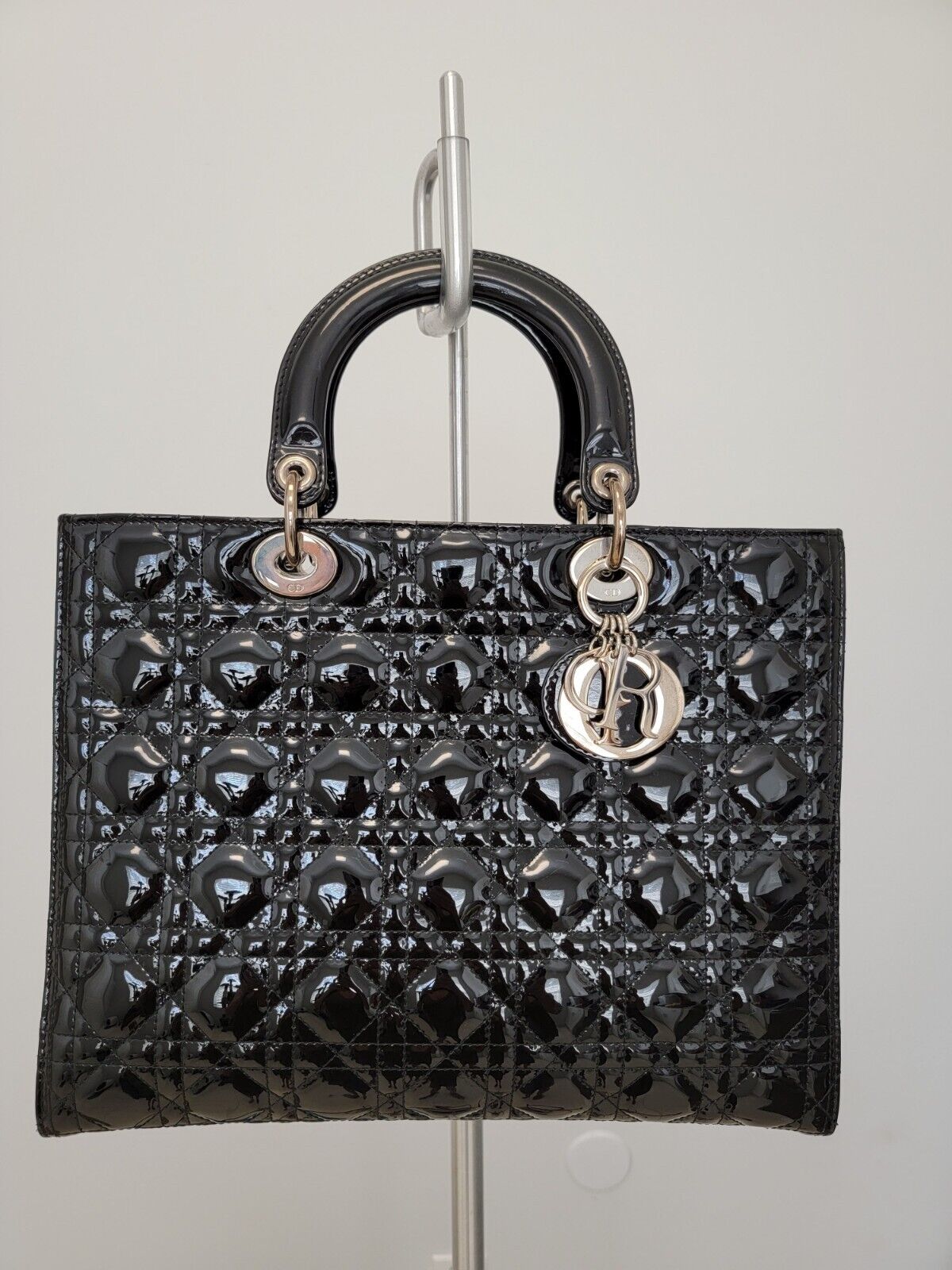 Christian Dior Large Lady Dior Bag In Black Patent Leather W Christian Dior Large Lady Dior Bag In Black Patent Leather W