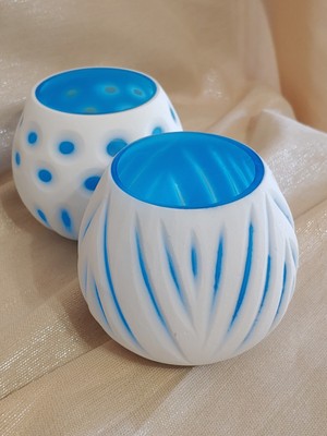 Pair Of Blue & White Glass Carved Votive Holders, 3 1/2'' Tall, Dots & Stripes