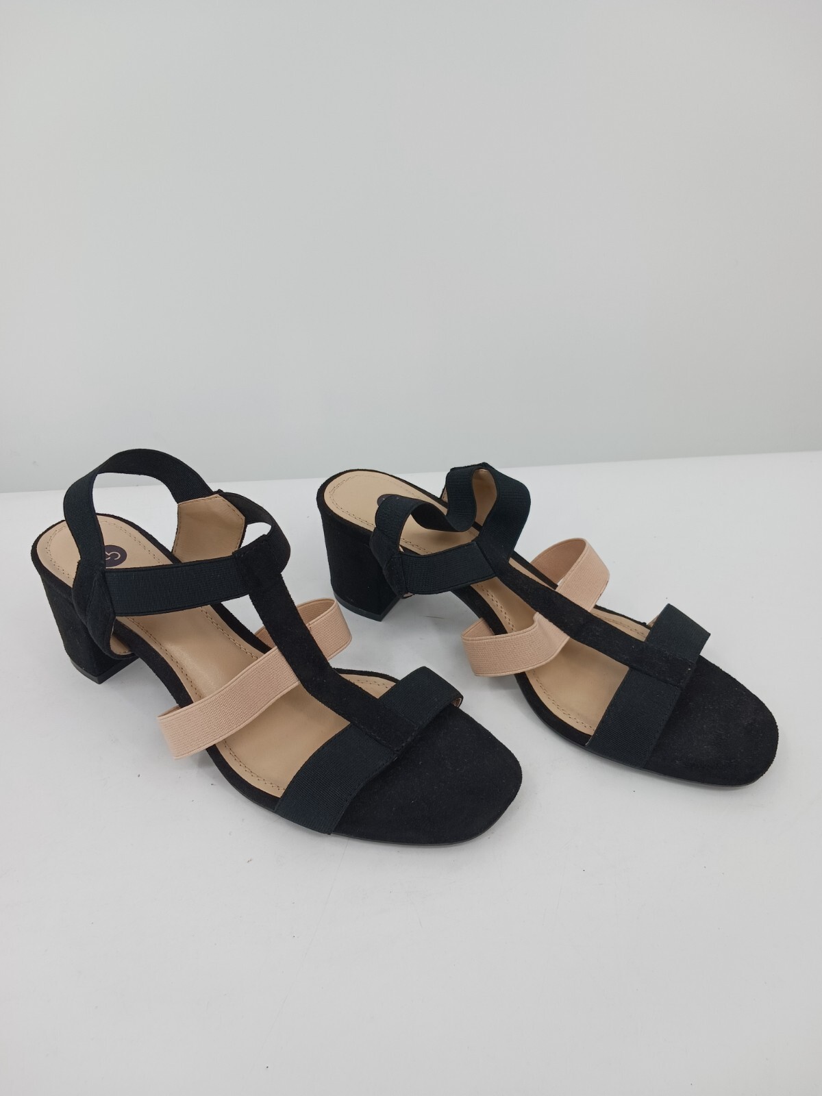 DB Women's Sandals 9.5 Sandal Black Strappy Textile Ankle Strap Block Heel Mid