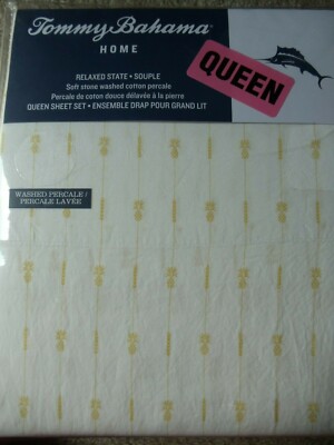 Tommy Bahama Stone Washed Yellow Pineapple Pinstripe Bed Sheet Set ~ NEW~ Queen 