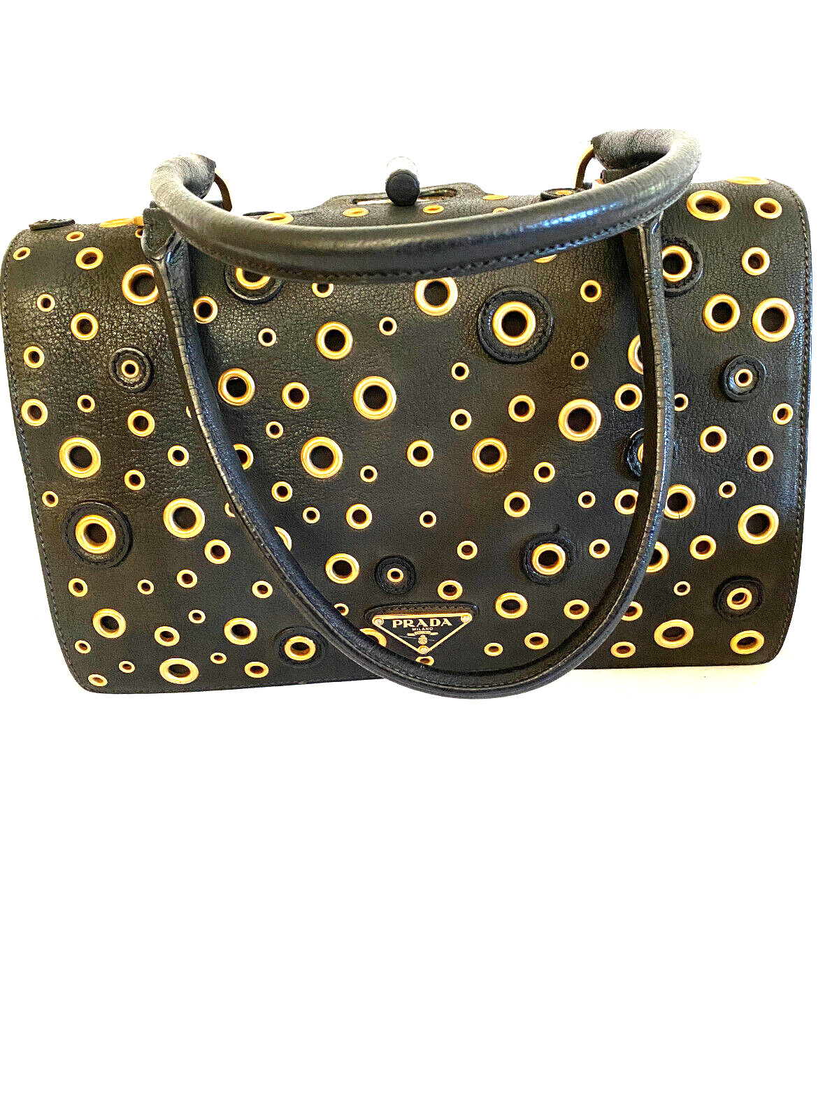 Authentic Prada Black Leather Handbag with Gold Grommets