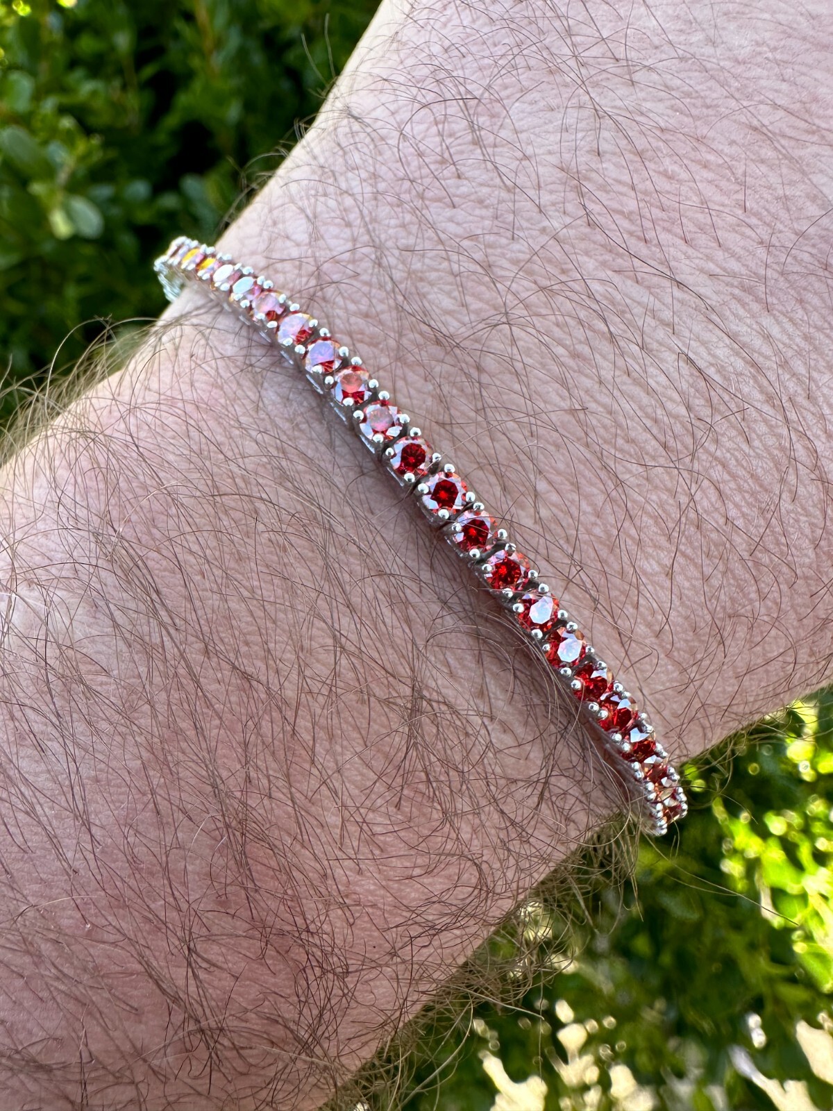 Pre-owned Silver Real Iced Ruby Red Moissanite 3mm Tennis Bracelet 925  Pass Diamond Test