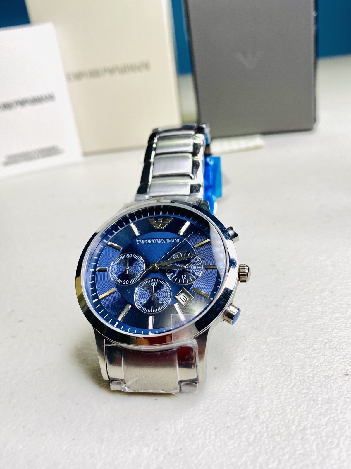men's blue dial stainless steel chronograph emporio armani watch ar2448