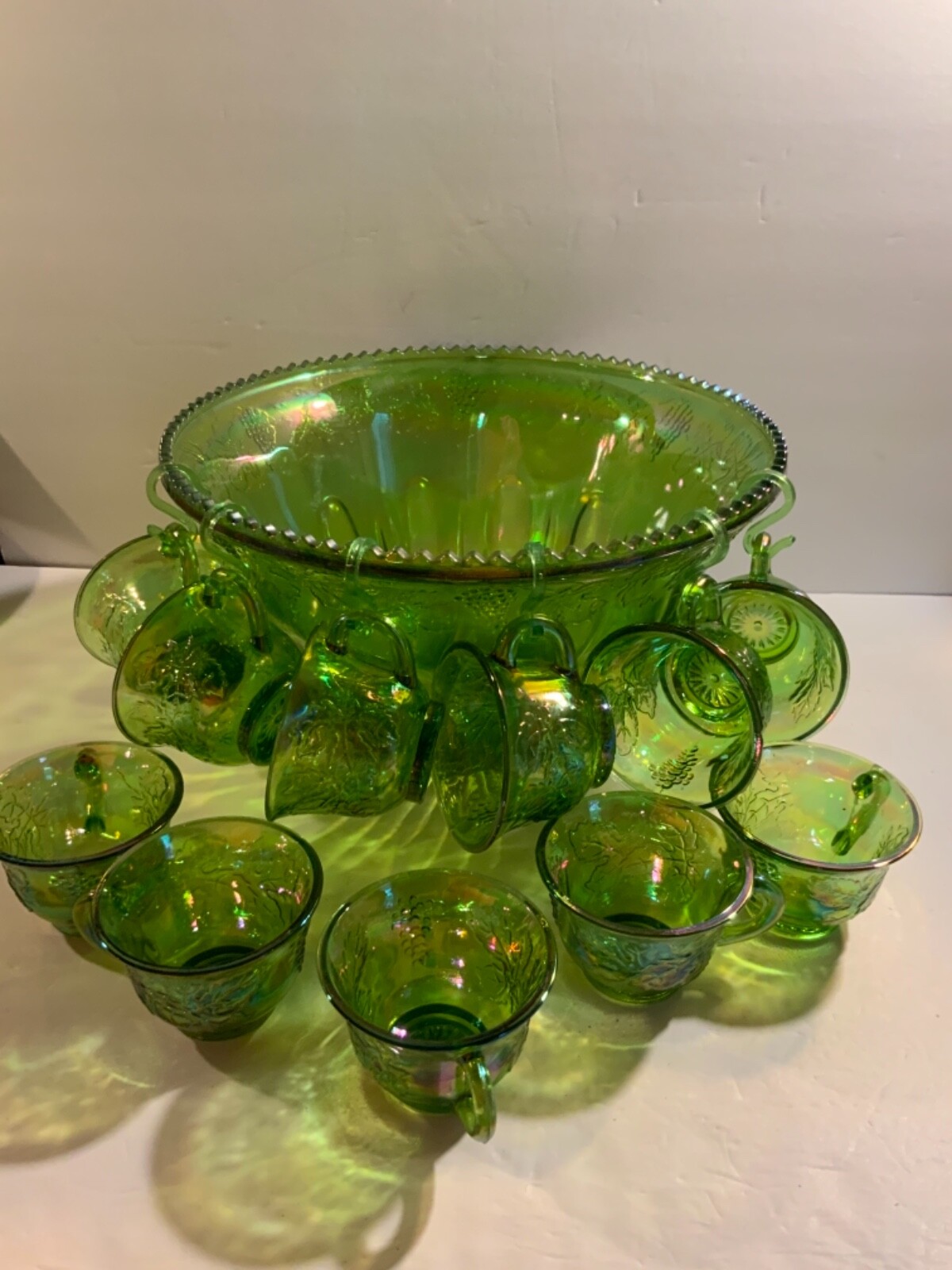 Vintage Green Carnival Glass punch bowl set w/11 cups & 6
