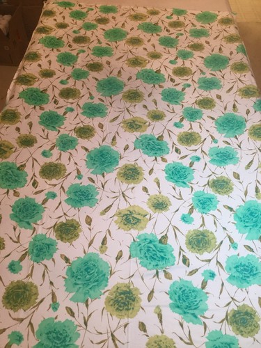 1.75 Yds Mid Century COTTON SATEEN FABRIC Carnation Print Olive Green Aqua White