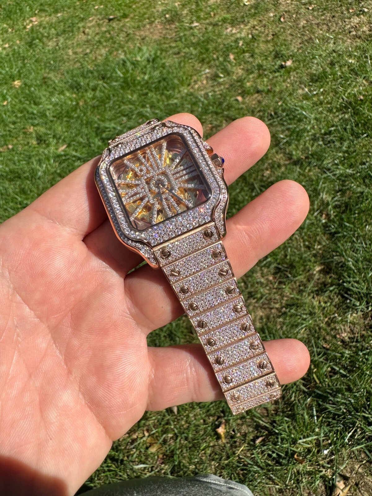 Pre-owned Hip Hop Real Mens Moissanite 14k Rose Gold Watch Iced Automatic Movement Hiphop Skeleton