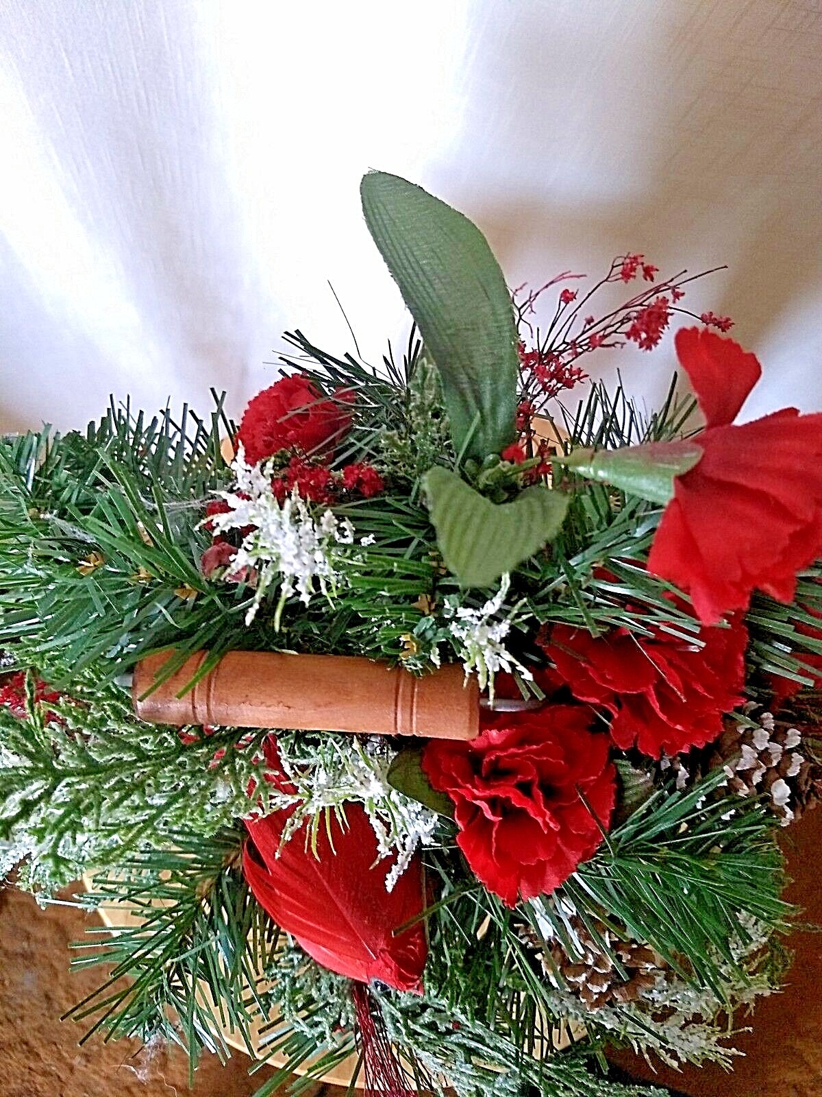 Vintage Birchwood Basket Featuring Cardinals Pine Cones Carnation  Winter Scene