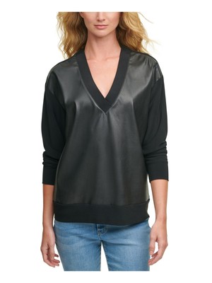 

Женский черный топ с длинными рукавами и V-образным вырезом DKNY