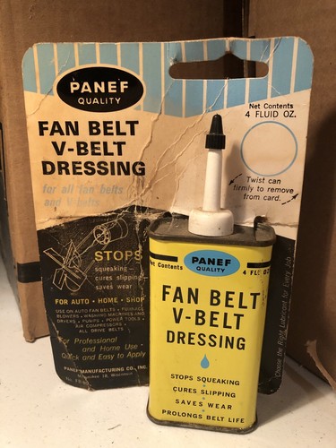 NOS PANEF FAN BELT V-BELT DRESSING CAN MILWAUKEE Tin On Cardboard