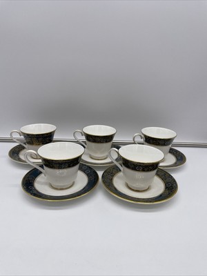 5 Royal Doulton CARLYLE Tea Cup/Saucer Sets, Gold Leaves, Teal Band, Blue Flower