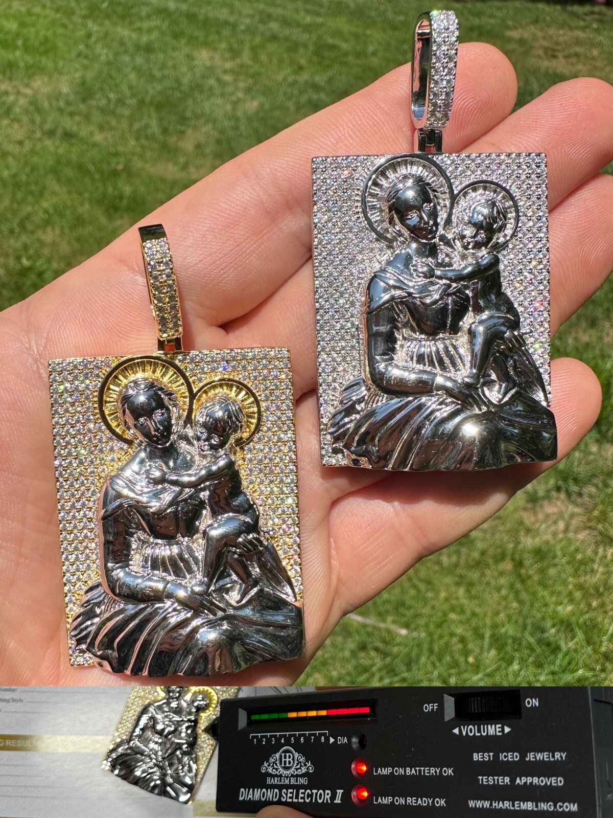 Pre-owned Harlembling Moissanite Virgin Mary Pendant Real 925 Silver Necklace Large 2.5" Ice Out Piece In White