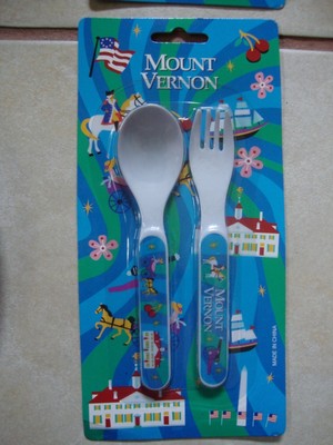 SET OF 3 PLASTIC CHILDREN'S DISH & SPOON/FORK SET W/ MT. VERNON THEME