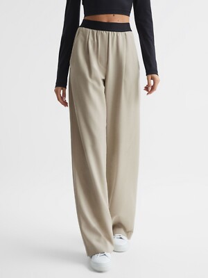REISS LENA WIDE LEG ELASTICATED WAIST TROUSERS in STONE UK SIZE 10