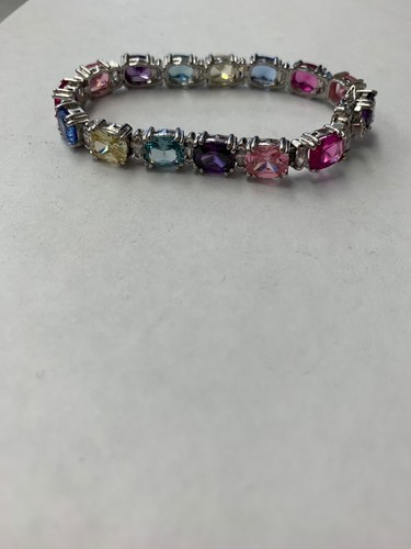 Sterling Silver Multi Colored Gemstone Tennis  Bracelet 7