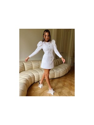 Женское белое платье-пуф с круглым вырезом, украшенное стразами, DANIELLE BERNSTEIN, L