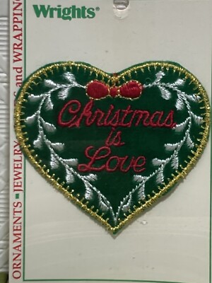 Vintage Wrights Christmas Sewing Applique Patch Christmas Is Love Heart Green