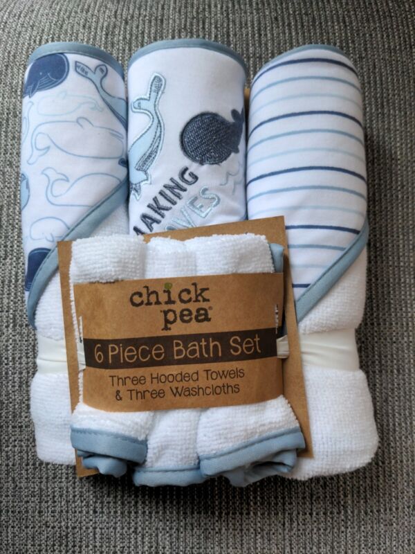 6 Piece Baby Bath Gift Set, Hooded Towels & Washcloths, Blue and white whales