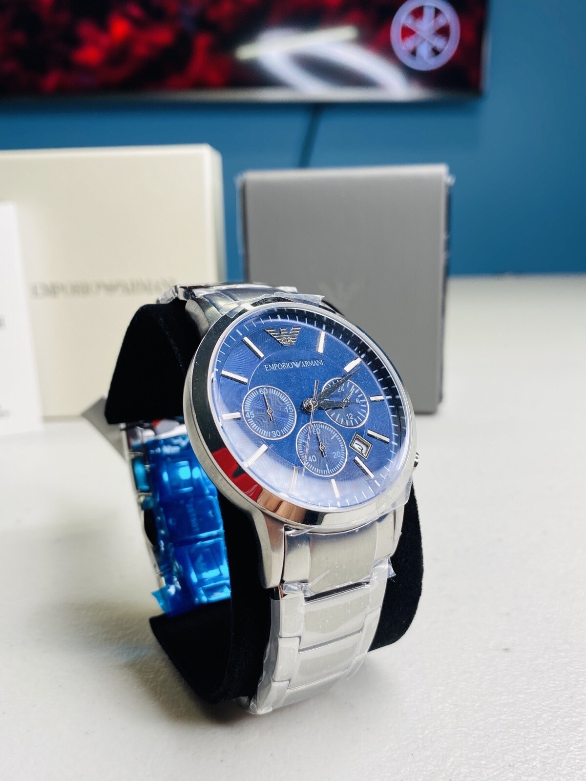 men's blue dial stainless steel chronograph emporio armani watch ar2448