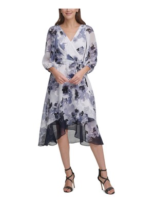 

Женское синее коктейльное платье миди с рукавами-воздушными шарами DKNY с завязками 3/4 и искусственным запахом, Синий