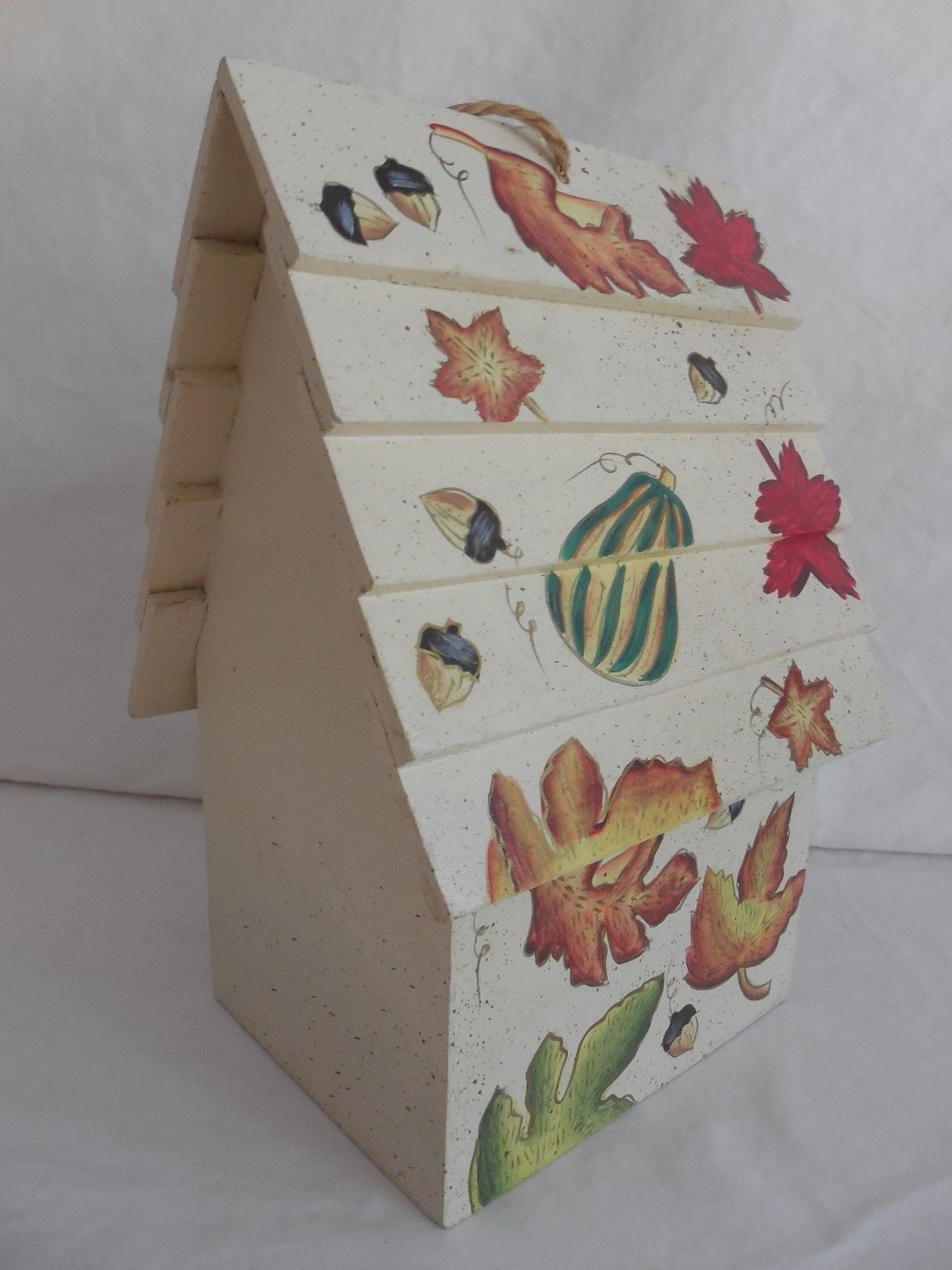 Autumn Painted  'Wooden Birdhouse'  with Shingled Roof and Attached Hanging Rope