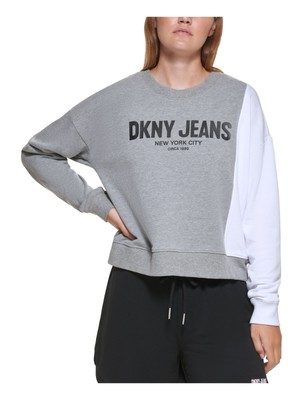 

DKNY JEANS Женский серый ребристый пуловер с круглым вырезом и длинными рукавами с логотипом Толстовка